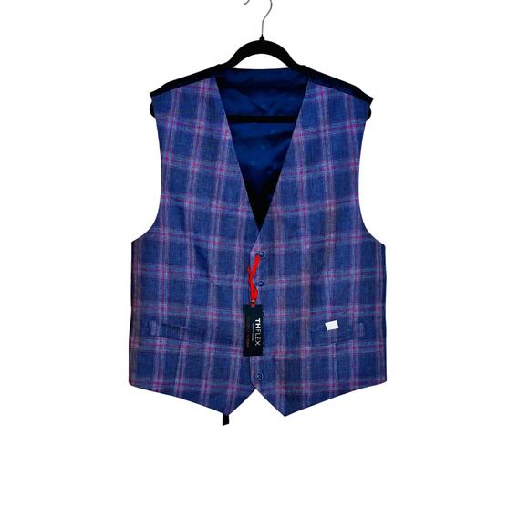 Tommy Hilfiger NWT Suit Vest Blue Red Plaid The Flex US XXL 100% Linen Formal - Picture 1 of 9